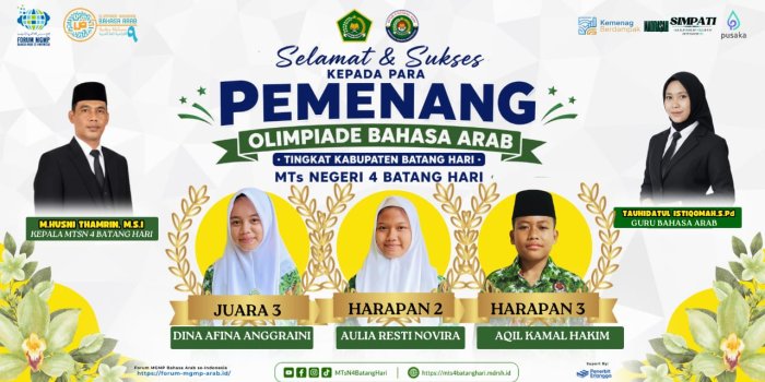 MTsN 4 Batang Hari Raih Prestasi Membanggakan pada Olimpiade Bahasa Arab (OBA) ke-9 Tingkat Kabupaten Batang Hari