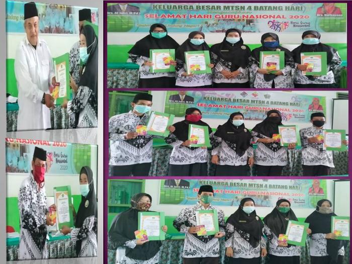 KEPALA MTsN 4 BATANG HARI MEMBERIKAN CINDERAMATA DAN PIAGAM PENGHARGAAN KEPADA TENAGA PENDIDIK DAN KEPENDIDIKAN PADA PERINGATAN HARI GURU NASIONAL TAHUN 2020