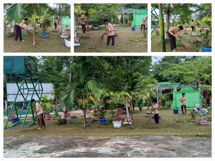 Siswa Kelas 8A dan 8B MTsN 4 Batang Hari Bersihkan Taman Madrasah Dukung Program Madrasah Asri