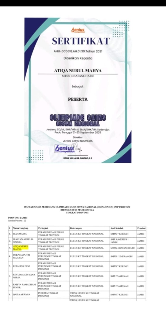 Siswa MTsN 4 Batang Hari Raih Medali Perak di Olimpiade Matematika Tingkat Provinsi