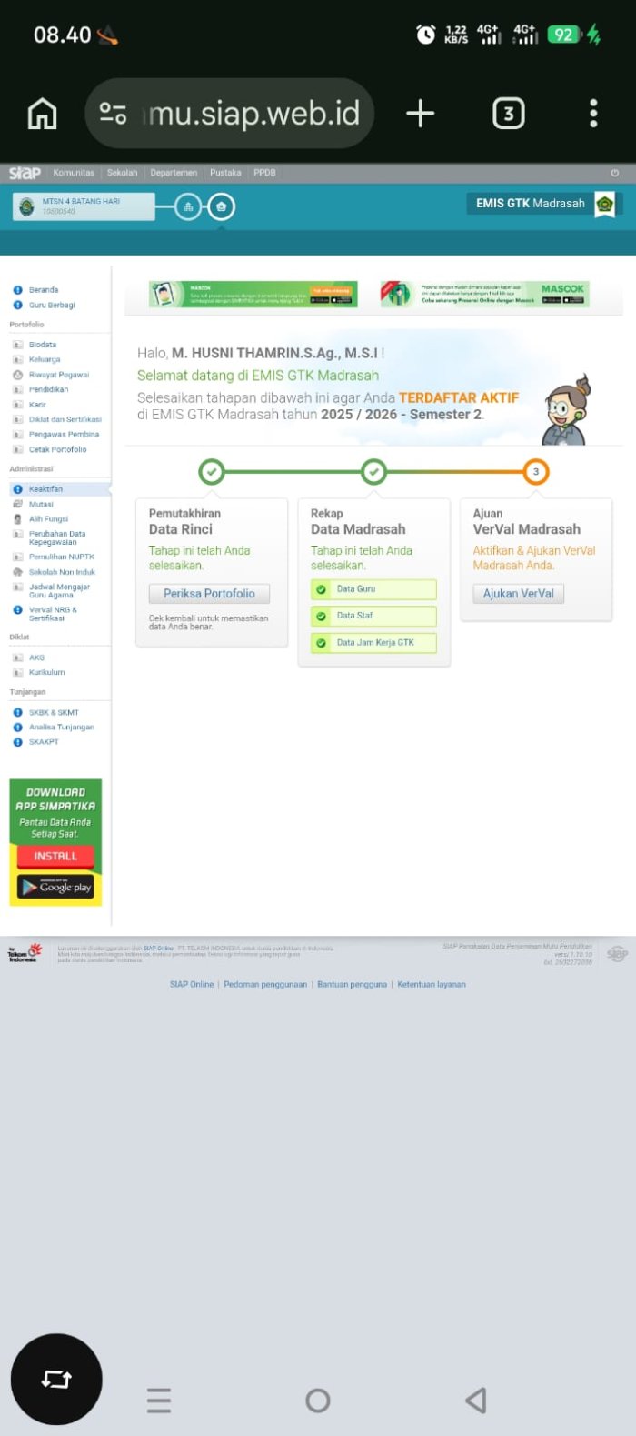 Optimalisasi Data Guru dan Tendik, Kepala MTsN 4 Batang Hari Intensifkan Monitoring Simpatika