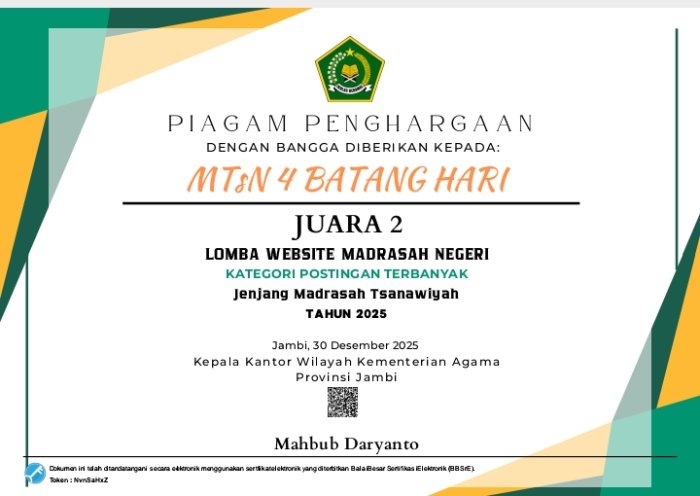 Dari Konsistensi Publikasi Menuju Prestasi: MTsN 4 Batang Hari Juara 2 Website Madrasah