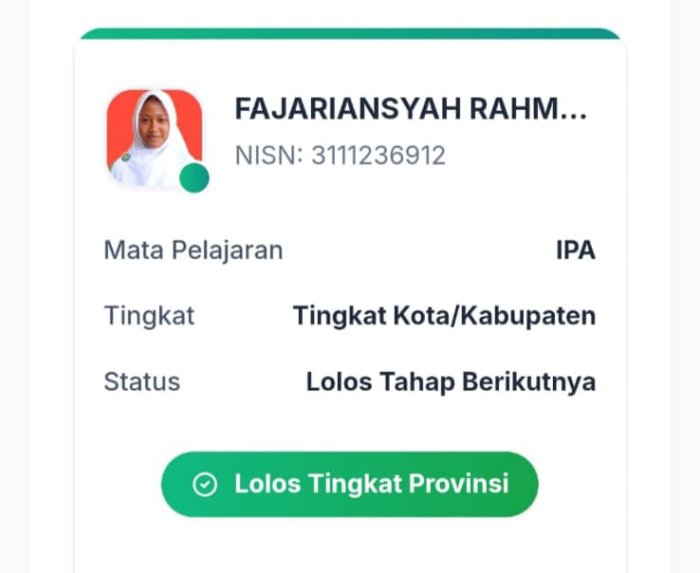Siswi MTsN 4 Batanghari Lolos OMI ke Tingkat Provinsi
