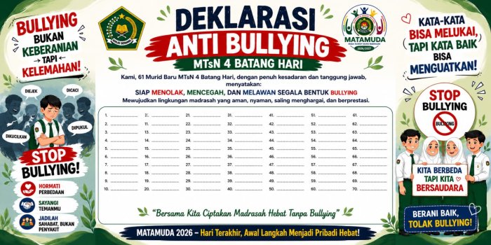 Bangun Budaya Saling Menghargai, MTsN 4 Batang Hari Siapkan Deklarasi Anti Bullying bagi Murid Baru