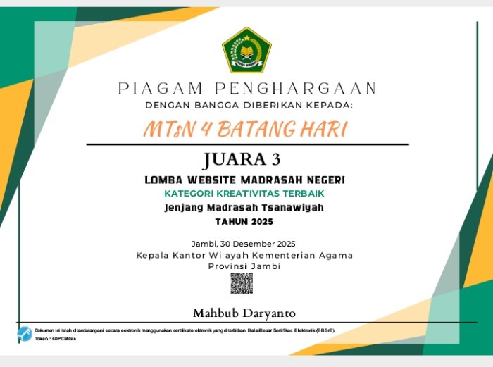 Juara 3 Lomba Website Madrasah Negeri  Kategori Kreativitas Terbaik Tingkat Provinsi Jambi