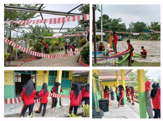 SISWA MTsN 4 BATANGHARI BERGOTONG ROYONG PASANG BENDERA DAN UMBUL-UMBUL SAMBUT HUT RI
