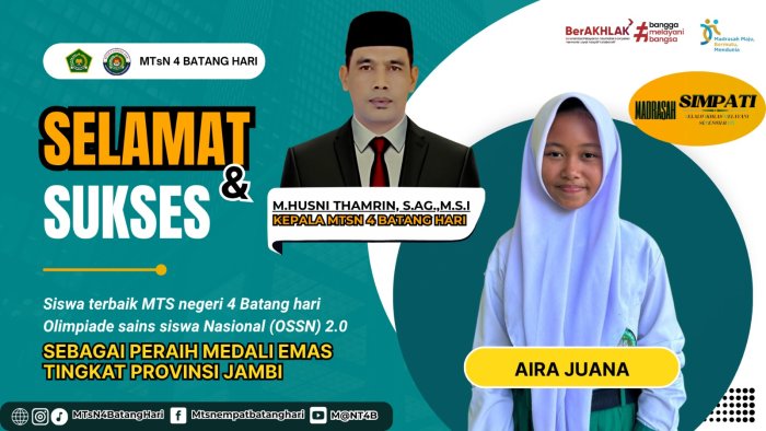 Aira Juana Harumkan Nama MTsN 4 Batang Hari, Raih Medali Emas OSSN IPA Tingkat Provinsi Jambi
