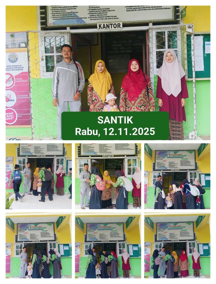 Semangat Tak Surut di Tengah Gerimis, Guru MTsN Batang Hari Sambut Kedatangan Peserta Didik dalam Kegiatan SANTIK