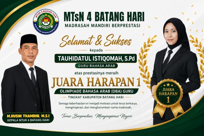 Membanggakan! Guru MTsN 4 Batang Hari Raih Juara Harapan 1 OBA Guru Tingkat Kabupaten Batang Hari