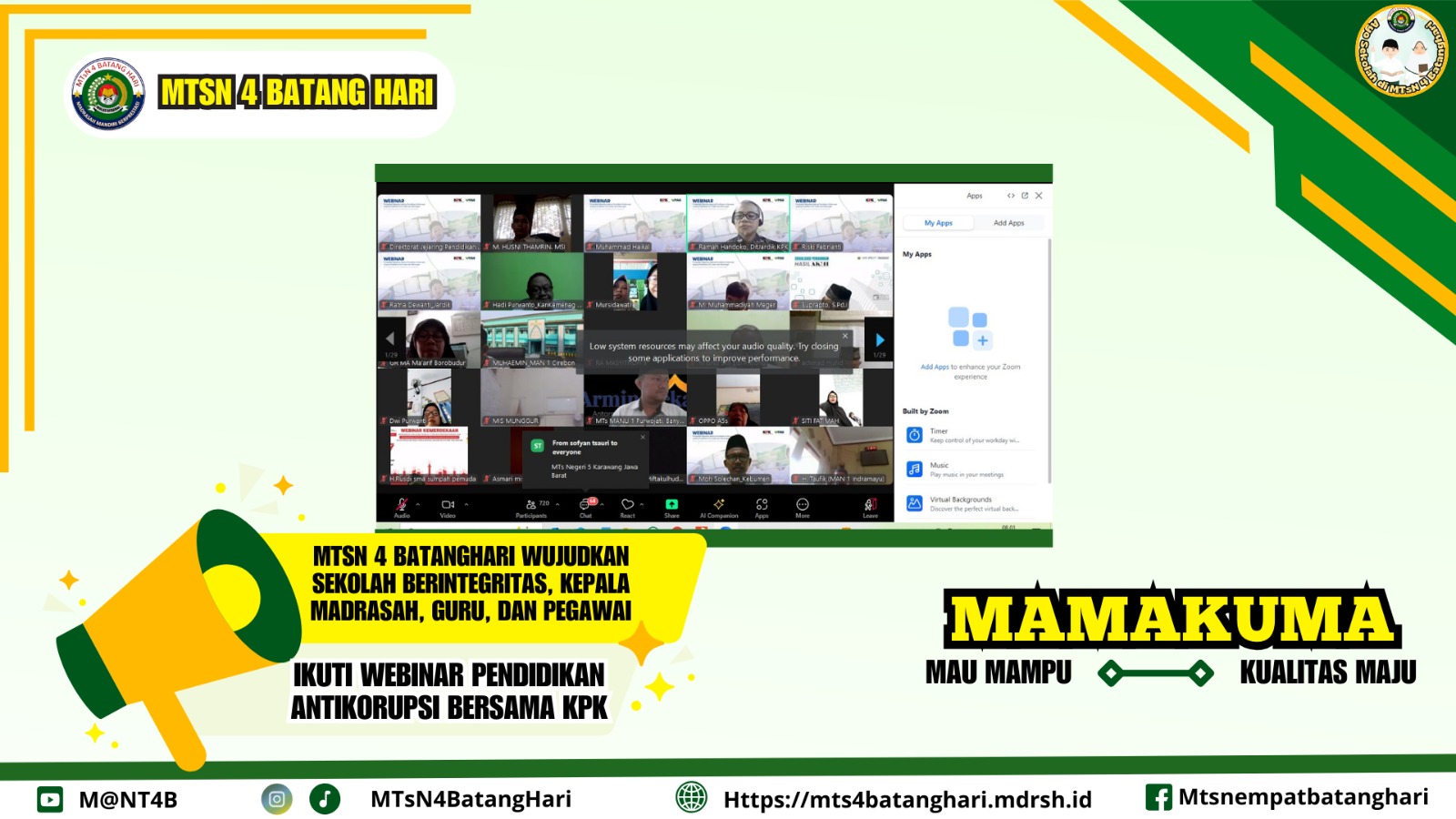 MTSN 4 BATANGHARI WUJUDKAN SEKOLAH BERINTEGRITAS, KEPALA MADRASAH, GURU, DAN PEGAWAI IKUTI WEBINAR ANTIKORUPSI BERSAMA KPK