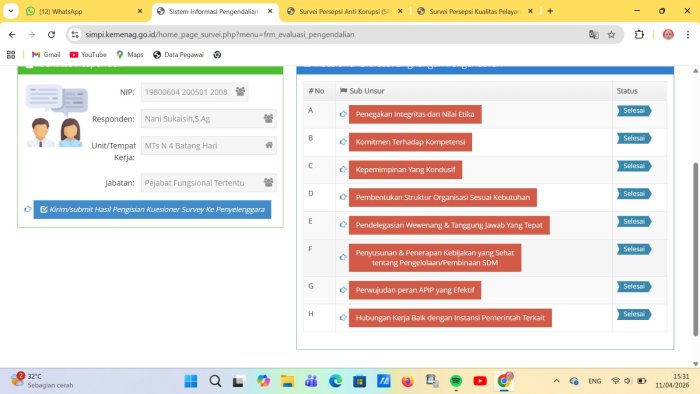 GTK MTsN 4 Batang Hari Perkuat Tata Kelola dengan Pengisian SPIP TW 1 di Aplikasi SIMPI
