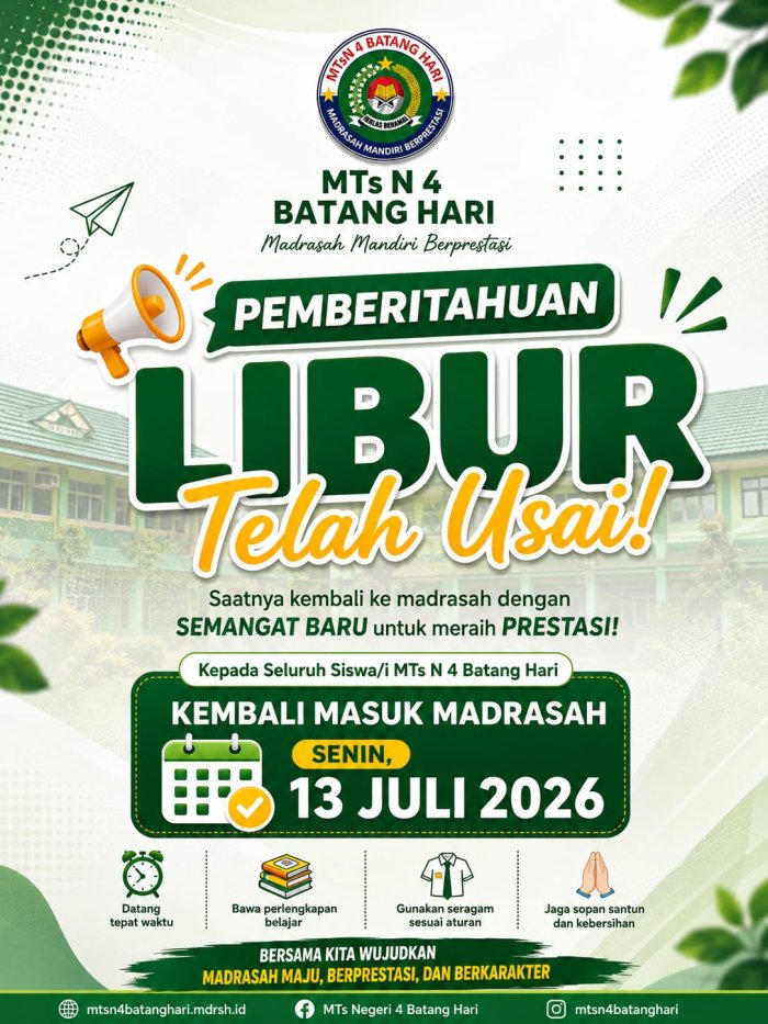 Libur Panjang Berakhir, Waka Kurikulum MTsN 4 Batang Hari Ingatkan Siswa Kembali Belajar Mulai 13 Juli 2026 Libur Panjang Berakhir, Waka Kurikulum MTsN 4 Batang Hari Ingatkan Siswa Kembali Belajar Mulai 13 Juli 2026