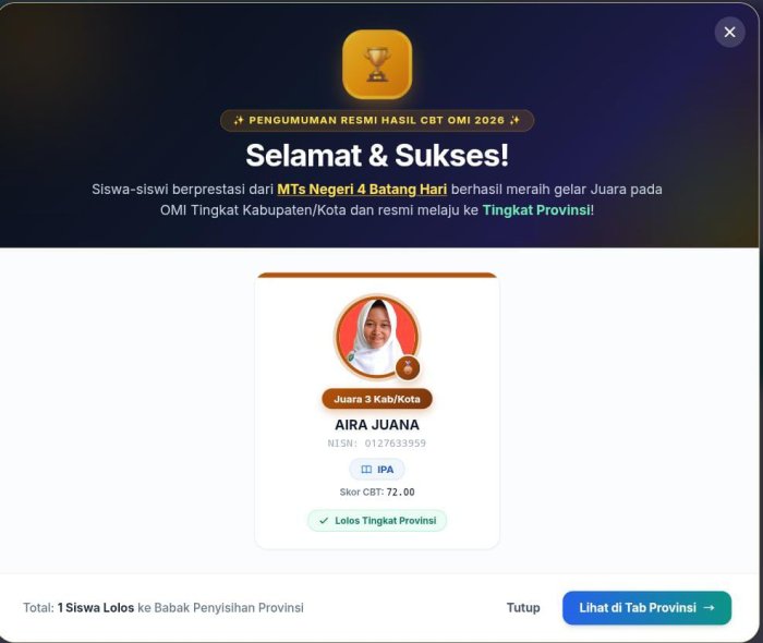 Aira Juana, murid MTsN 4 Batang Hari Sabet Juara 3 CBT OMI 2026 dan Melaju ke Tingkat Provinsi