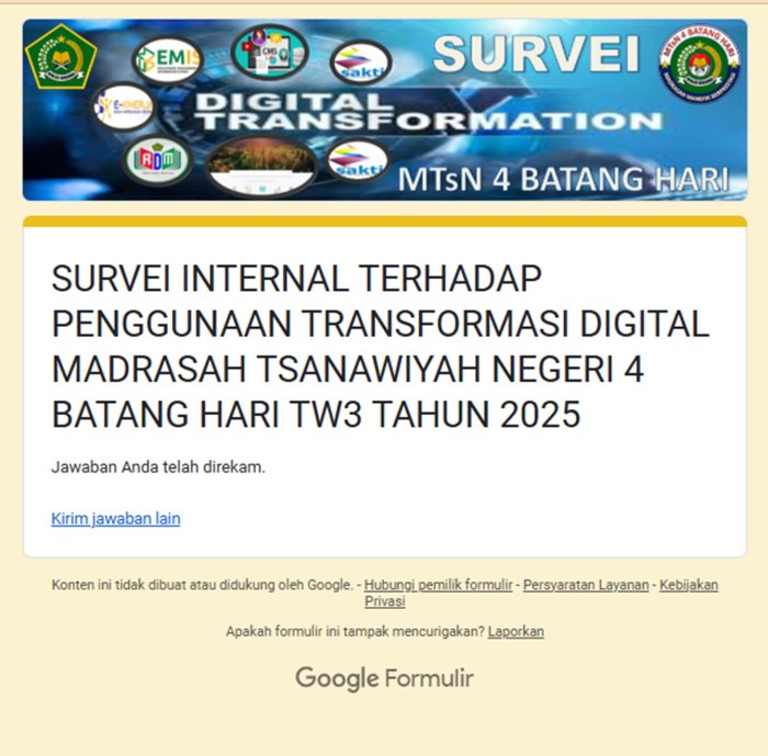GTK MTsN 4 Batanghari Lakukan Pengisian Survei Internal Transformasi Digital Triwulan III GTK MTsN 4 Batanghari Lakukan Pengisian Survei Internal Transformasi Digital Triwulan III